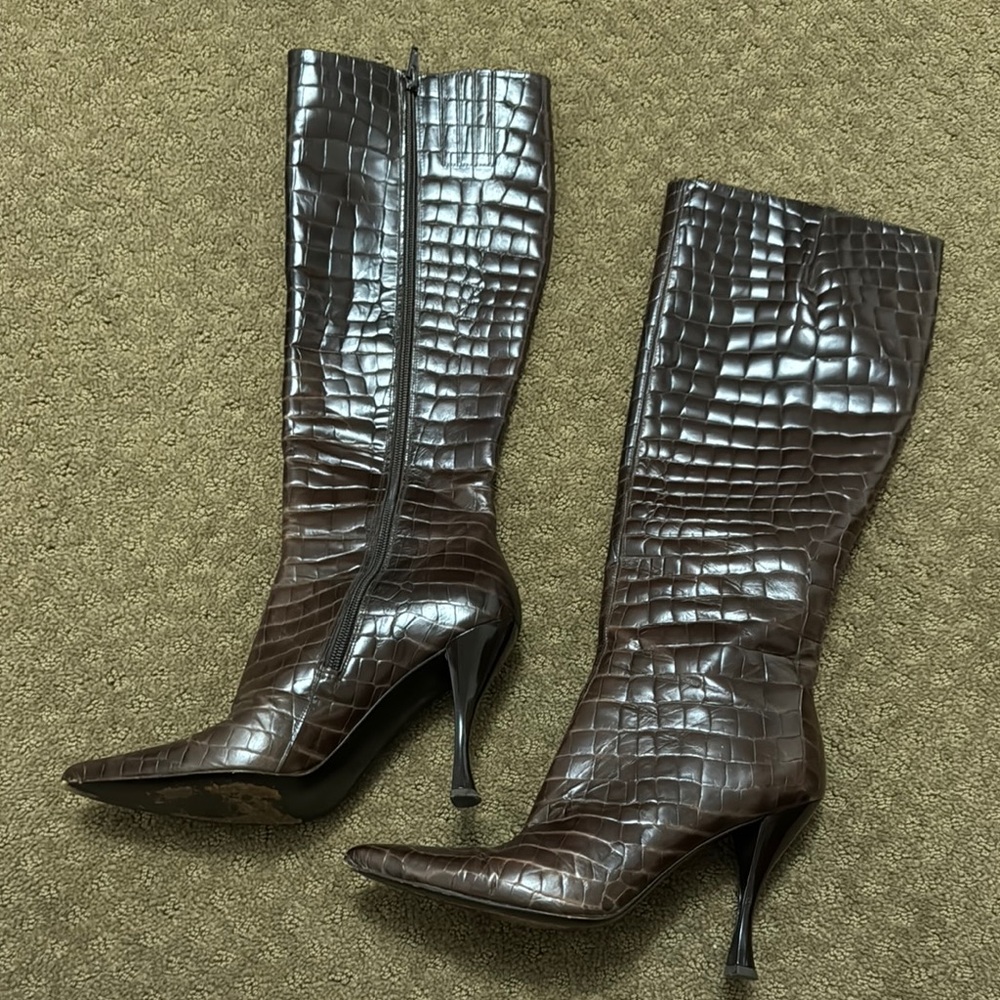 Brown Crocodile-Embossed Knee-High Boots